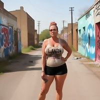 Tattoed women with big hips posing on a side street