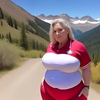 Fat granny goes hiking in the mountains